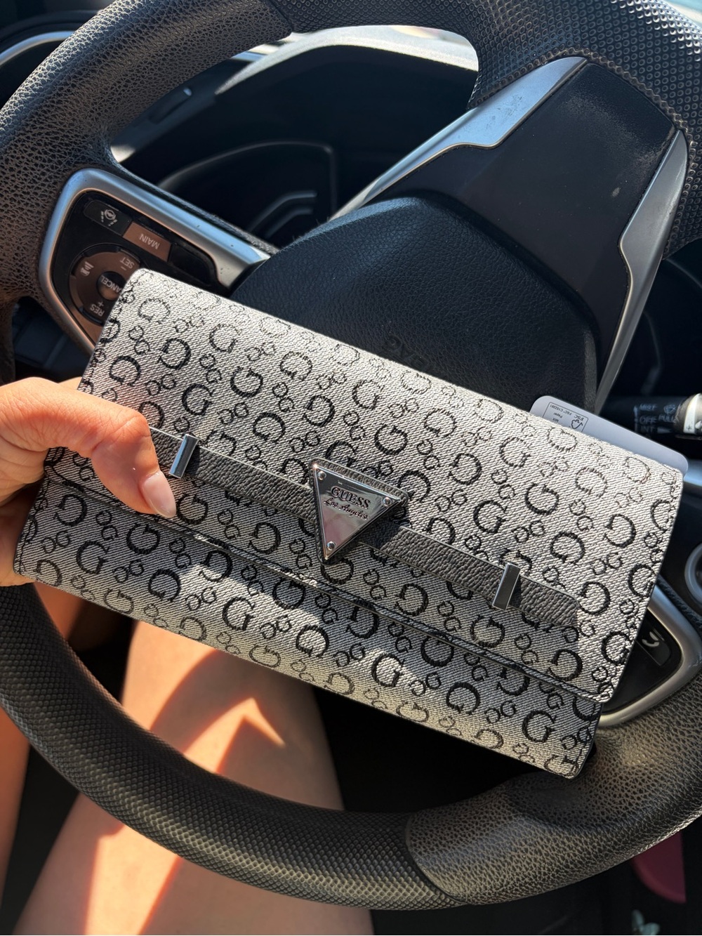 GUESS Gray Monogram Fold-Over Clutch with Logo Plaque